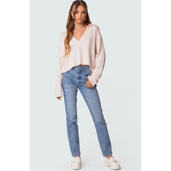 Edikted Marcie  Johnny Collar Light Pink Oversize Crop Sweater - Picture 3 of 6